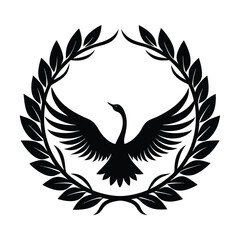 Obraz premium Elegant black swan with open wings inside a laurel wreath emblem symbol of grace freedom and peace