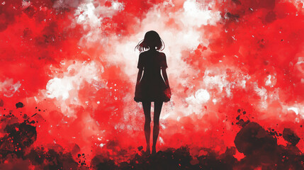 a lonely and sad inspired anime banner design, woman standing alone in a big red surrealistic field
