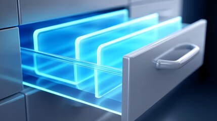 Modern Medical File Cabinet with Illuminated Transparent Layers Emerging from an Open Drawer