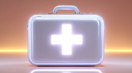 Obraz premium Soft White First Aid Kit with Glowing Cross Symbol Against Warm Gradient Background