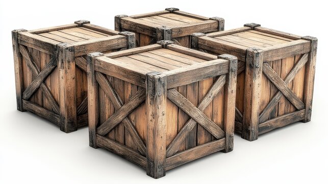 Four wooden crates stacked together, showing their rustic texture and construction
