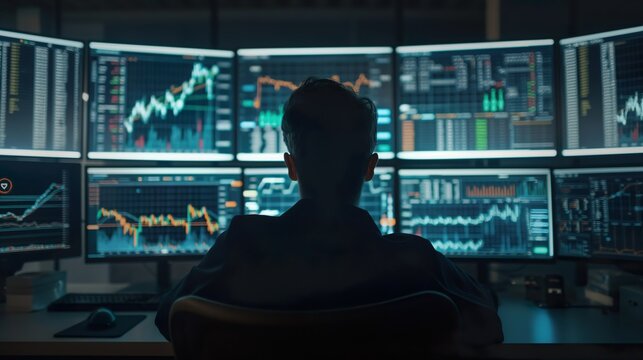 
A professional trader sits in a dark office environment, analyzing real-time financial data on multiple monitors. The image reflects high-frequency trading, algorithmic strategies, financial technolo