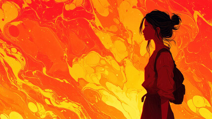 a sad lonely anime girl in a depressive red banner artwork, faceless sadness