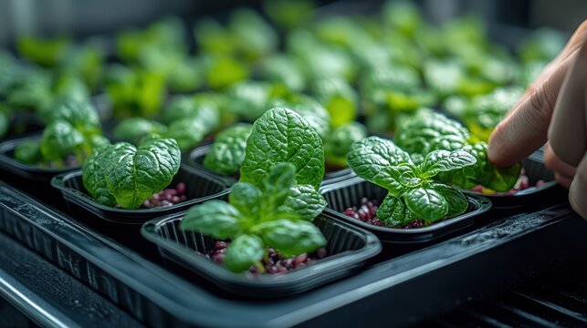 Growing mint seedlings in a greenhouse setting for gardening and horticulture enthusiasts