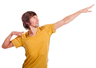Expressive young man striking a dynamic pose in a cheerful yellow shirt