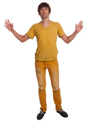 Joyful young man expressing excitement in vibrant yellow outfit indoors