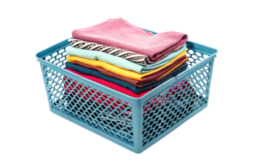 Colorful cloths in a blue mesh plastic basket isolated transparent backgroun.PNG