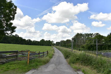 Fototapeta premium Chemin de campagne le long d'un pâturage sous les cumulus de beau temps à Écaussinnes-d'Enghien (Soignies)