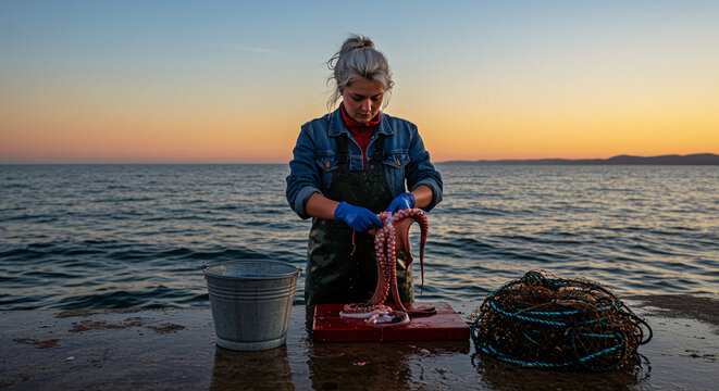 Fisherwoman Preparing Fresh Catch On Beach At Sunset Beautiful Ocean View With Bucket And Fishing Net