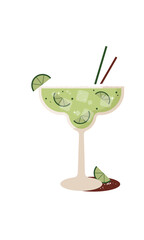 Retro style Margarita cocktail with lime. Illustration of Margarita drink isolated with ice pieces, lime and cocktail straws. Image. Poster. Background. Wallpaper. Design. Art. Holiday. Party. 