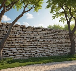 Stone wall park poster mockup, trees background,  nature,  urban