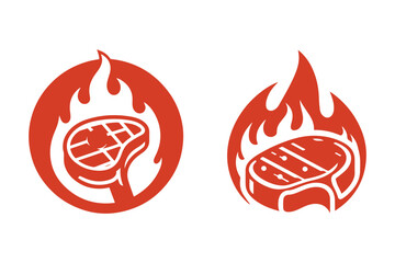 Minimalist steak with fire logo on white background.
