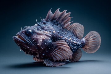 Obraz premium A detailed shot of a unique fish, showing its spiky fins and textured skin against a dark backdrop.