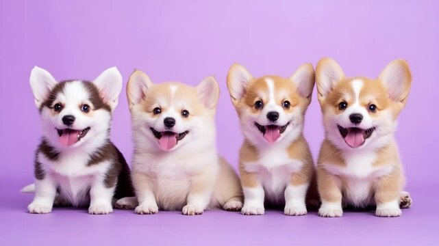 Four adorable corgi puppies sit in a row on a purple backdrop, wagging their tails and looking at the camera as the video arcs gently with a cheerful, playful vibe