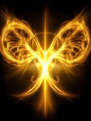 Fototapeta premium Abstract golden light fractal energy design on black background with symmetrical pattern and glowing effect for wallpaper