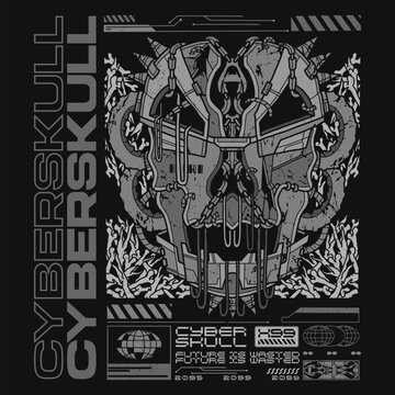 Futuristic Streetwear T-shirt Design, Cyberpunk Streetwear Design, Vector Streetwear Design, Cyberskull Streetwear Design, Vector Streetwear For T-shirt Design, Clothing Streetwear