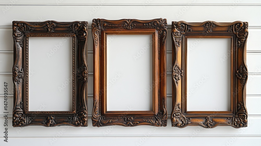 Poster Floating Frame Triptych - Three empty frames of identical style arranged in a floating triptych composition on white.