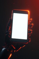 Robot Hand Holding Glowing Blank Smartphone Screen