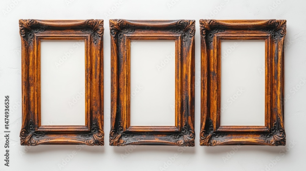 Poster Floating Frame Triptych - Three empty frames of identical style arranged in a floating triptych composition on white.