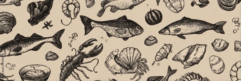 Poster hand-drawn seafood icons display a variety of marine life on a neutral background creating a delight