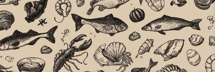 Obraz premium Hand-drawn Seafood Icons Display a Variety of Marine Life on a Neutral Background Creating a Delightful Culinary Theme