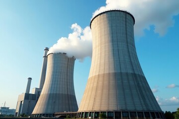 Large industrial steam cooling tower against a blue sky Efficient cooling system, heat dissipation, power plant, energy production , grey, power plant