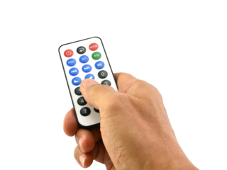thumb finger push colourful buttons of remote control isolated on transparent