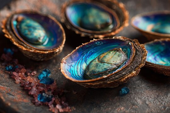 Delicious abalone shells, displaying a beautiful play of colors, ready to be served.