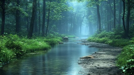 Obraz premium Serene Stream in the Lush Forest: Immerse yourself in the tranquility of nature as a crystal-clear stream meanders through a dense forest.