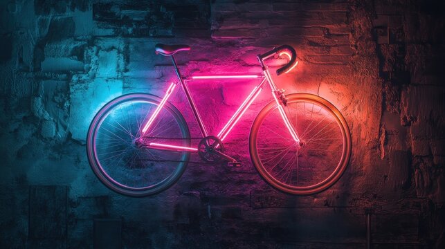 Illuminated bicycle on a brick wall creates a vibrant and colorful display