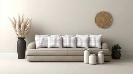Fototapeta premium Minimalist Beige Sofa Pampas Grass Neutral Decor Living Room Interior Design