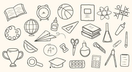 A set of hand-drawn school supply icons. Monochrome ink style. Vector illustration.