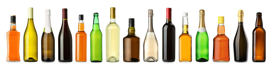 Bottles with different types of alcoholic drinks isolated on white, set