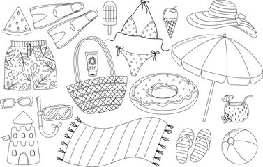 Set with summer elements drawn in a doodle style. Illustration with black and white vacation objects