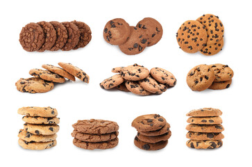 Yummy chocolate chip cookies isolated on white, collage