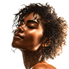 head shot of relaxed, beautiful face of hispanic beauty woman; concept of hydration, wellness, selfcare, high quality, luxury cosmetics; shining with health skin isolated over white (transparent) 