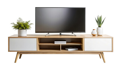 Modern living room setting showcasing television, console, and minimalist decor elements