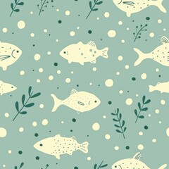 Obraz premium seamless minimal pattern of tiny sea creatures in line art style, clean layout, pastel background