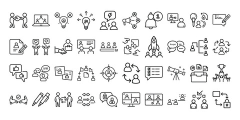 Successful business collaboration thin line icon set. Containing teamwork, cooperation, team working together, agreement, handshake, support, help, group people, partnership, organization. Vector