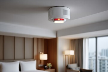 Ceiling smoke detector in a modern hotel room ensuring safety during an overnight stay