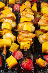 Fruit and meat skewers, BBQ with kebab.