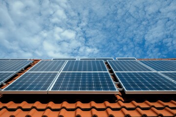 Solar panels mounted on a terracotta roof under a partly cloudy sky.  Panels are arranged in rows, covering part of the roof