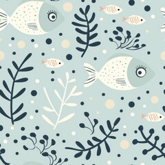 Fototapeta premium seamless minimal pattern of tiny sea creatures in line art style, clean layout, pastel background