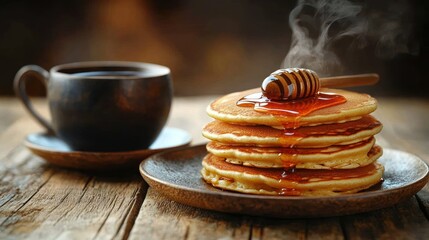Stack of golden pancakes with honey and steaming hot coffee