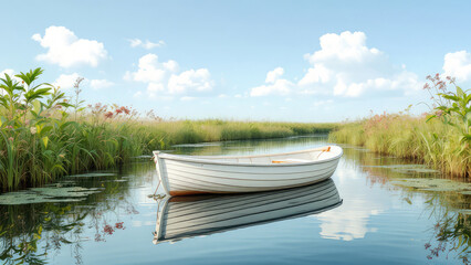 Obraz premium Serene white rowboat on calm river, idyllic summer landscape.