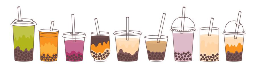 Bubble Tea or Coffee Drinks set. Delicious drinks in plastic cups with straw. Vector illustration