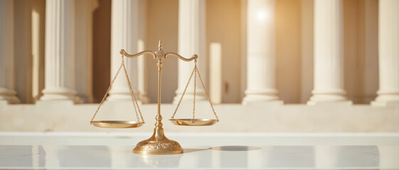 Golden Scales of Justice – Classic Legal Symbol with Courthouse Pillars Background for Law Blogs, Justice Day Celebrations, and Courthouse Promotional Materials
