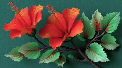Vibrant Hibiscus Flowers  Tropical Leaves  Green Background  Asian Art  Paper Craft
