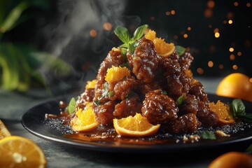 beautifully styled orange beef with rich glaze and citrus fruits under warm dramatic lighting