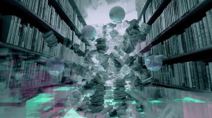 A surreal library filled with books and orbs.